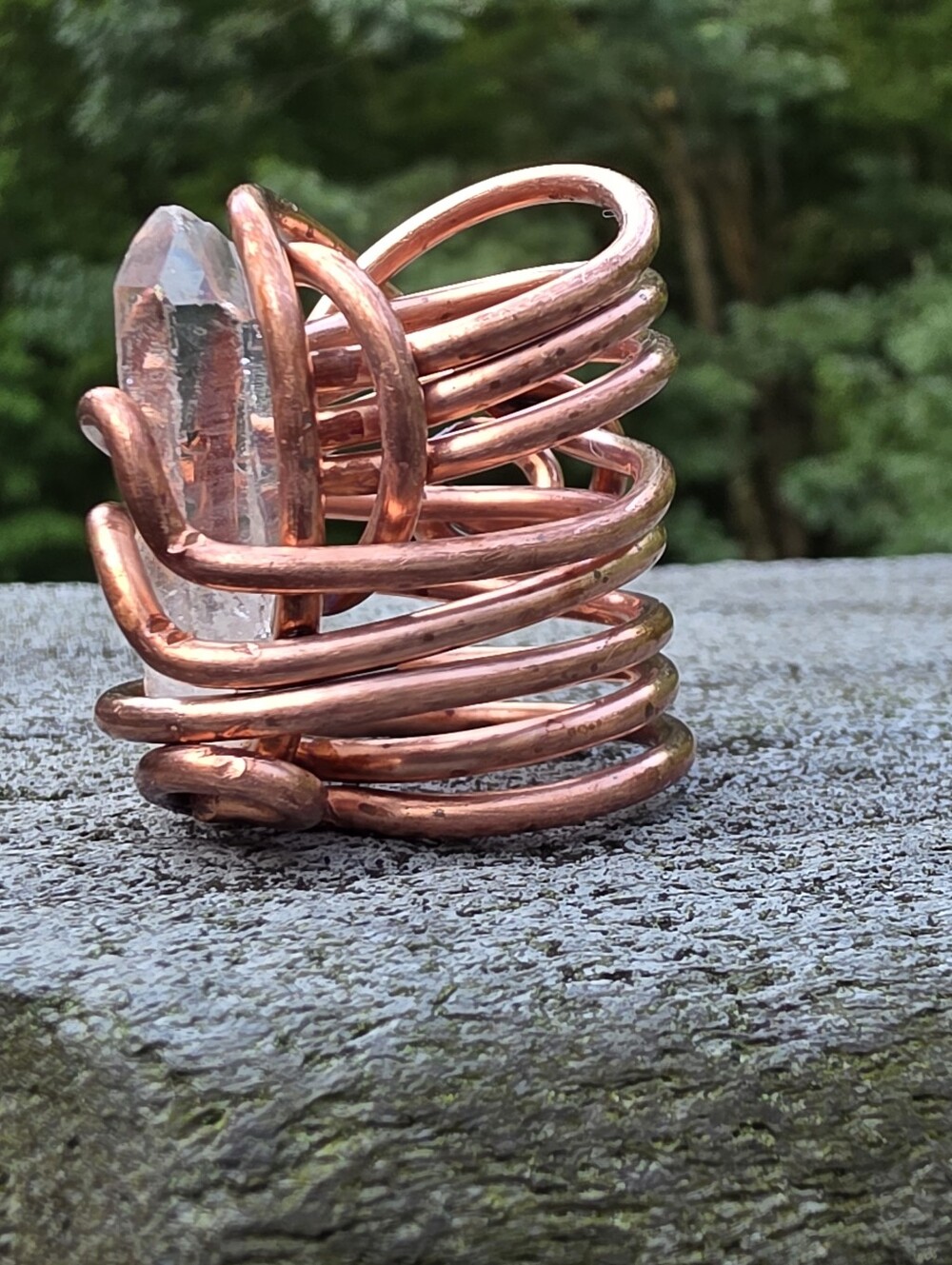 Handcrafted Handwrapped Copper Wire Wrapped Ring with Clear Quartz Crystal - Picture 3 of 15